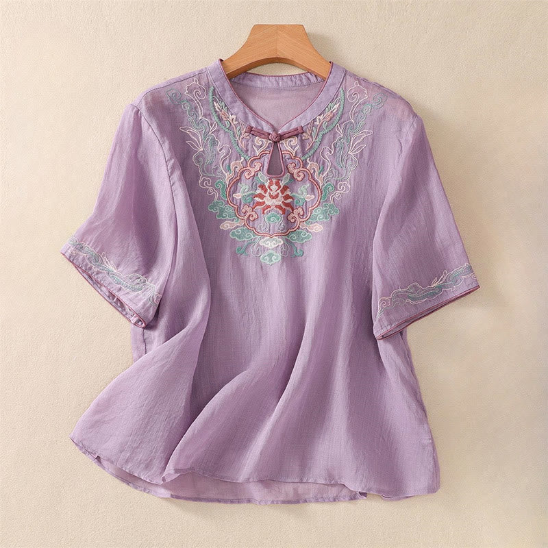 Koszula damska z krótkim rękawem i bawełnianym lnem Buddha Stones Casual Retro haftowana żaba-guzik - MediumOrchid - US12, UK/AU16, EU44 (4XL) - image 0