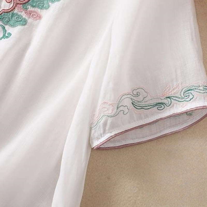 Koszula damska z krótkim rękawem i bawełnianym lnem Buddha Stones Casual Retro haftowana żaba-guzik - image 14