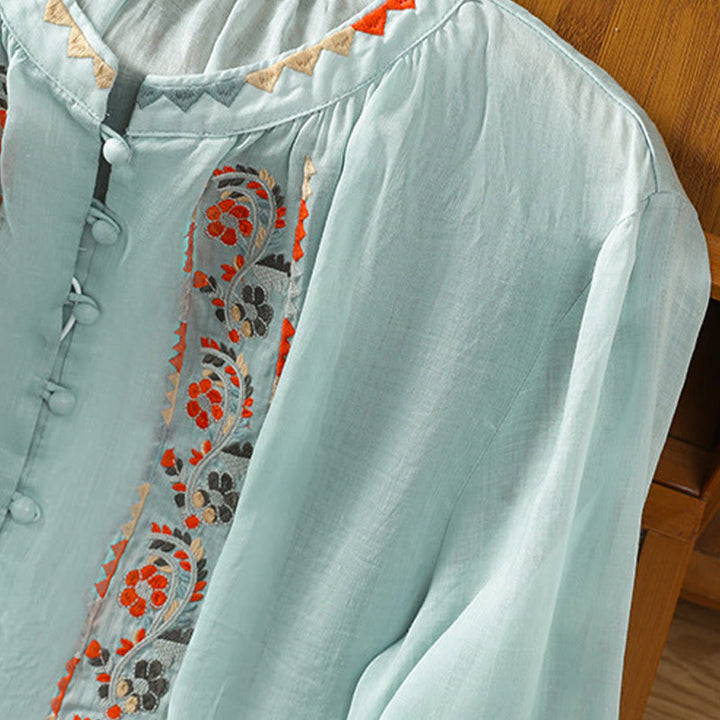 Koszula Buddha Stones z długim rękawem w kształcie latarni z haftem w stylu vintage z pojedynczym rzędem i wieloma guzikami - image 14