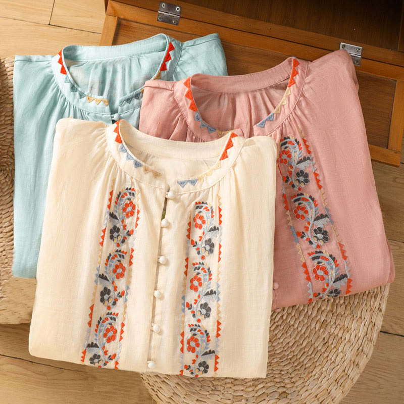 Koszula Buddha Stones z długim rękawem w kształcie latarni z haftem w stylu vintage z pojedynczym rzędem i wieloma guzikami - image 16