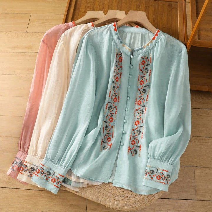 Koszula Buddha Stones z długim rękawem w kształcie latarni z haftem w stylu vintage z pojedynczym rzędem i wieloma guzikami - image 15