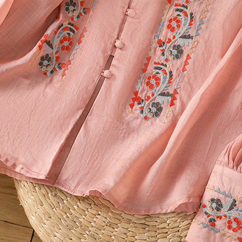 Koszula Buddha Stones z długim rękawem w kształcie latarni z haftem w stylu vintage z pojedynczym rzędem i wieloma guzikami - image 9