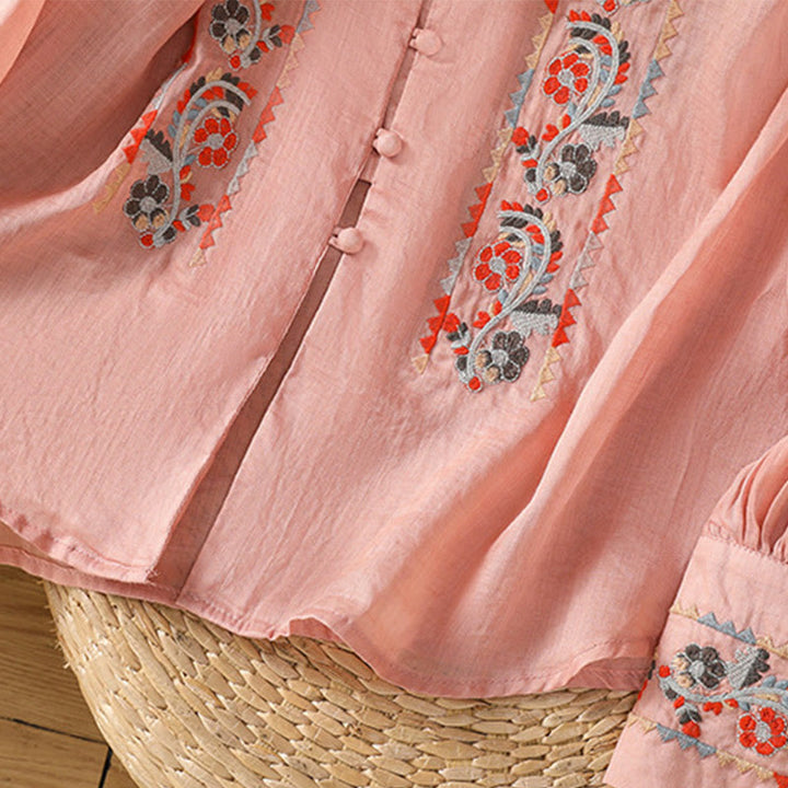 Koszula Buddha Stones z długim rękawem w kształcie latarni z haftem w stylu vintage z pojedynczym rzędem i wieloma guzikami - image 9