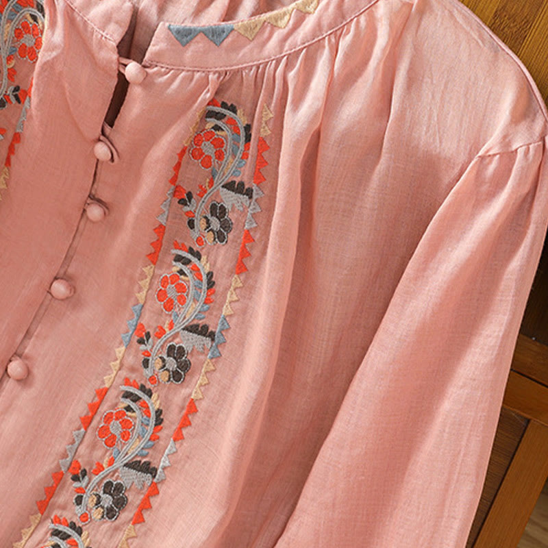 Koszula Buddha Stones z długim rękawem w kształcie latarni z haftem w stylu vintage z pojedynczym rzędem i wieloma guzikami - image 8