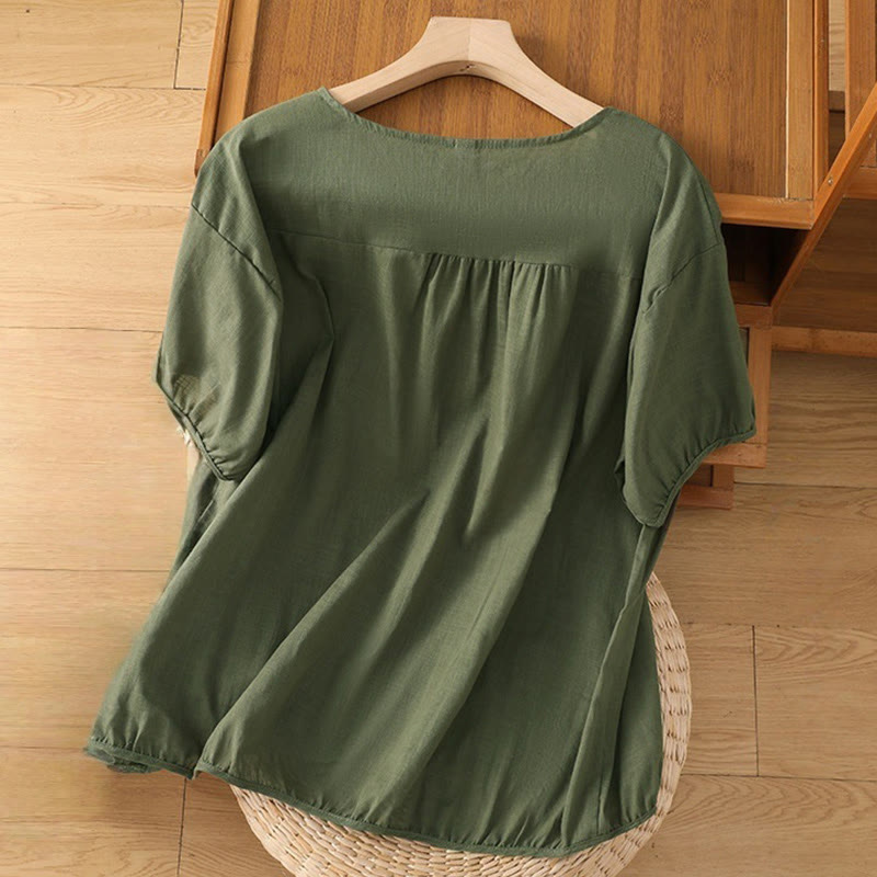 Buddha Stones Vintage Asymetryczny Haft Kwiatowy Wzór Roślinny Damska Bawełniana Lniana Kurtka Krótki Rękaw Koszula - image 1