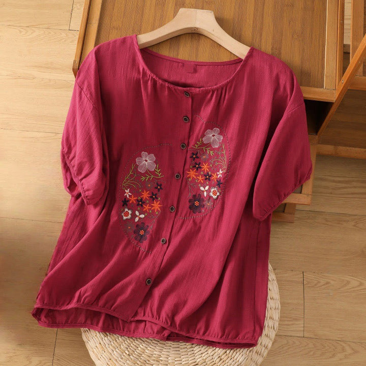 Buddha Stones Vintage Asymetryczny Haft Kwiatowy Wzór Roślinny Damska Bawełniana Lniana Kurtka Krótki Rękaw Koszula - Karmazynowy - US14, UK/AU18, EU46 (2XL) - image 7
