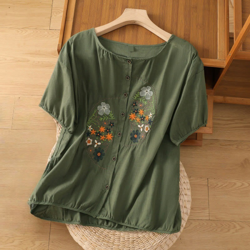 Buddha Stones Vintage Asymetryczny Haft Kwiatowy Wzór Roślinny Damska Bawełniana Lniana Kurtka Krótki Rękaw Koszula - Ciemnozielony - US14, UK/AU18, EU46 (2XL) - image 0