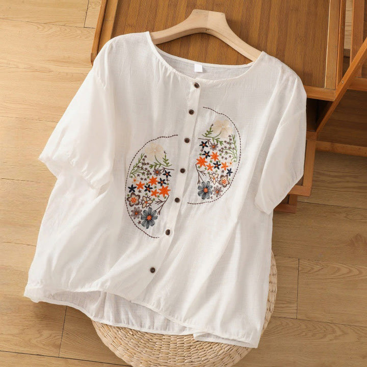 Buddha Stones Vintage Asymetryczny Haft Kwiatowy Wzór Roślinny Damska Bawełniana Lniana Kurtka Krótki Rękaw Koszula - Biały - US14, UK/AU18, EU46 (2XL) - image 22