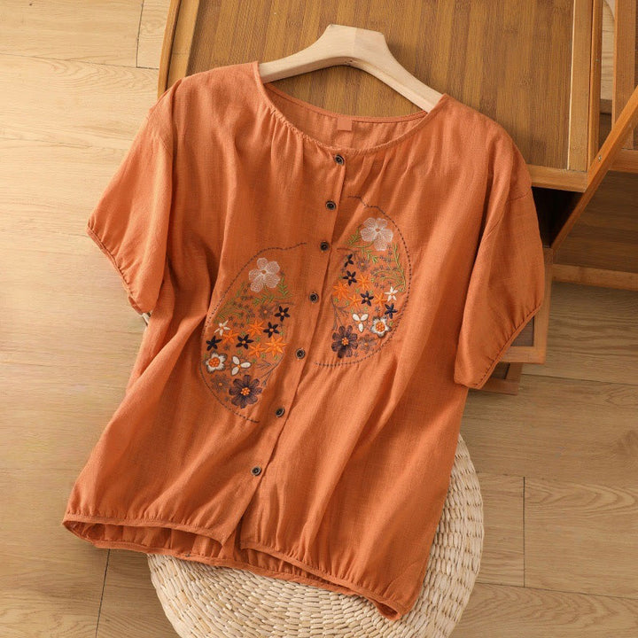 Buddha Stones Vintage Asymetryczny Haft Kwiatowy Wzór Roślinny Damska Bawełniana Lniana Kurtka Krótki Rękaw Koszula - Ciemnopomarańczowy - US14, UK/AU18, EU46 (2XL) - image 15