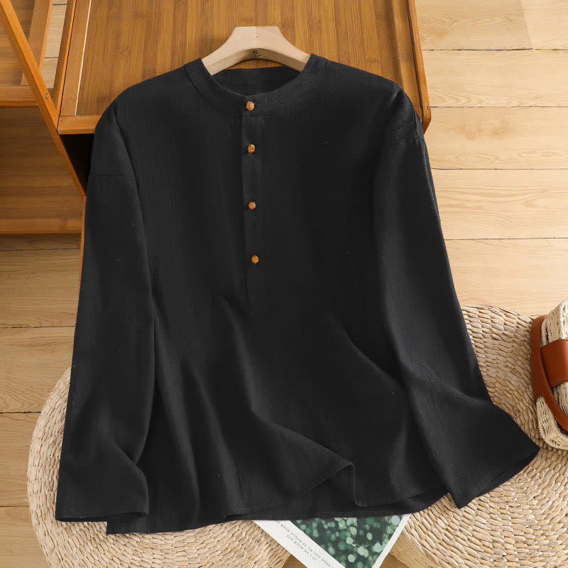 Koszula damska z krótkim rękawem i kieszenią, z bawełny i lnu, z Buddha Stones, letnia, swobodna, w jednolitym kolorze, zapinana na pół guzika i prostym wzorem - image 13