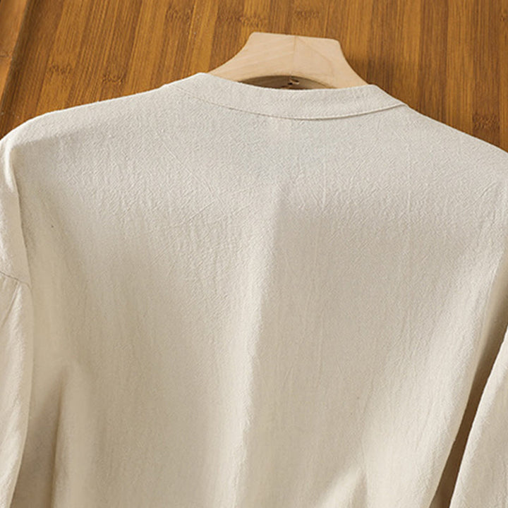 Koszula damska z krótkim rękawem i kieszenią, z bawełny i lnu, z Buddha Stones, letnia, swobodna, w jednolitym kolorze, zapinana na pół guzika i prostym wzorem - image 2