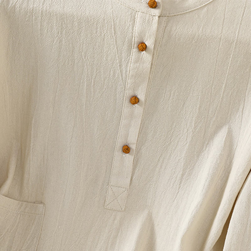 Koszula damska z krótkim rękawem i kieszenią, z bawełny i lnu, z Buddha Stones, letnia, swobodna, w jednolitym kolorze, zapinana na pół guzika i prostym wzorem - image 3