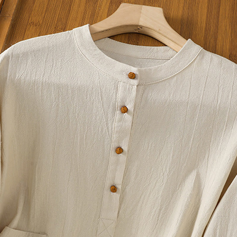 Koszula damska z krótkim rękawem i kieszenią, z bawełny i lnu, z Buddha Stones, letnia, swobodna, w jednolitym kolorze, zapinana na pół guzika i prostym wzorem - image 1