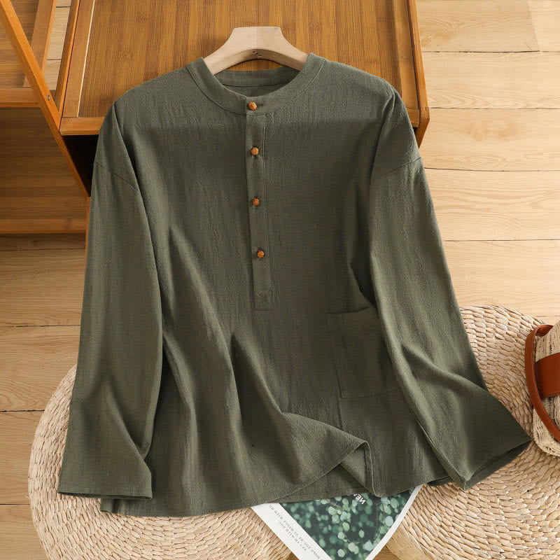 Koszula damska z krótkim rękawem i kieszenią, z bawełny i lnu, z Buddha Stones, letnia, swobodna, w jednolitym kolorze, zapinana na pół guzika i prostym wzorem - image 7