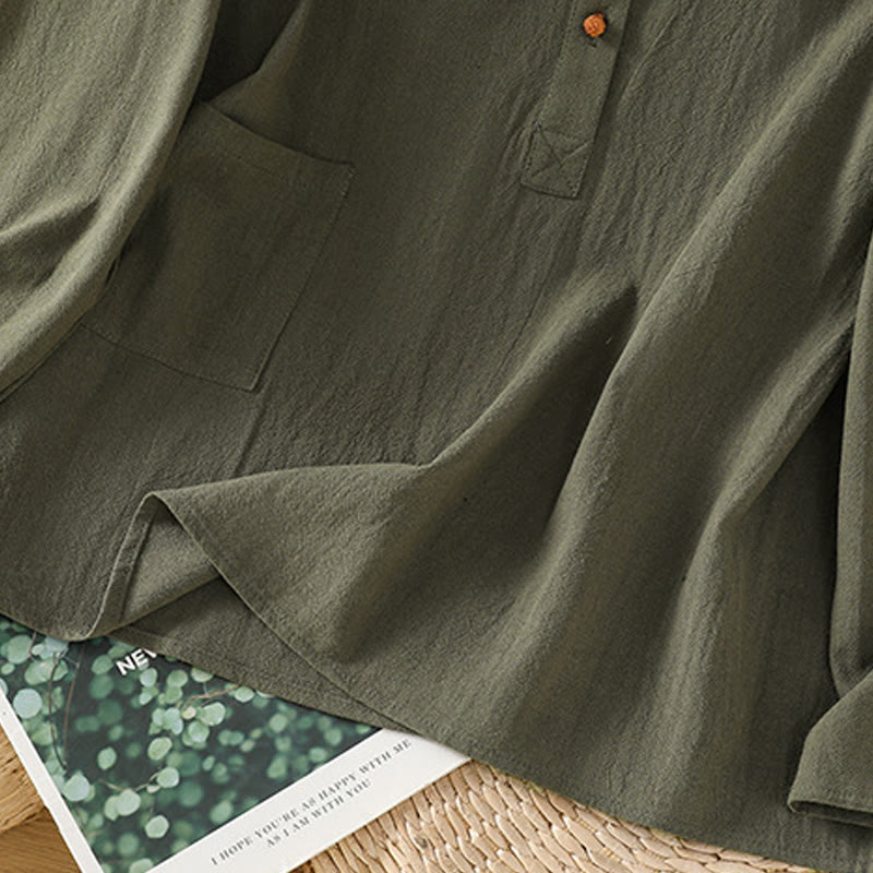 Koszula damska z krótkim rękawem i kieszenią, z bawełny i lnu, z Buddha Stones, letnia, swobodna, w jednolitym kolorze, zapinana na pół guzika i prostym wzorem - image 10