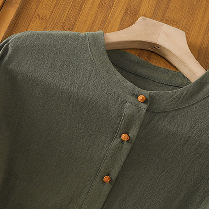 Koszula damska z krótkim rękawem i kieszenią, z bawełny i lnu, z Buddha Stones, letnia, swobodna, w jednolitym kolorze, zapinana na pół guzika i prostym wzorem - image 8
