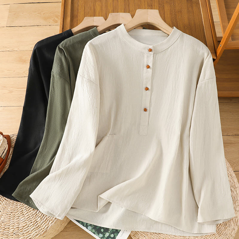 Koszula damska z krótkim rękawem i kieszenią, z bawełny i lnu, z Buddha Stones, letnia, swobodna, w jednolitym kolorze, zapinana na pół guzika i prostym wzorem - image 21