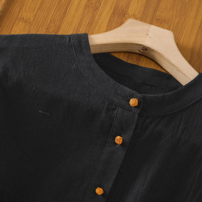 Koszula damska z krótkim rękawem i kieszenią, z bawełny i lnu, z Buddha Stones, letnia, swobodna, w jednolitym kolorze, zapinana na pół guzika i prostym wzorem - image 15