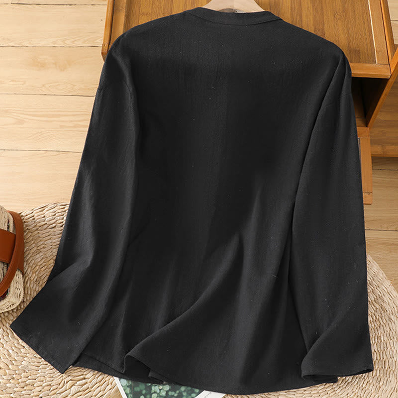 Koszula damska z krótkim rękawem i kieszenią, z bawełny i lnu, z Buddha Stones, letnia, swobodna, w jednolitym kolorze, zapinana na pół guzika i prostym wzorem - image 14