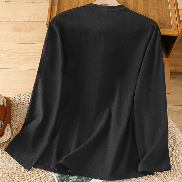 Koszula damska z krótkim rękawem i kieszenią, z bawełny i lnu, z Buddha Stones, letnia, swobodna, w jednolitym kolorze, zapinana na pół guzika i prostym wzorem - image 14