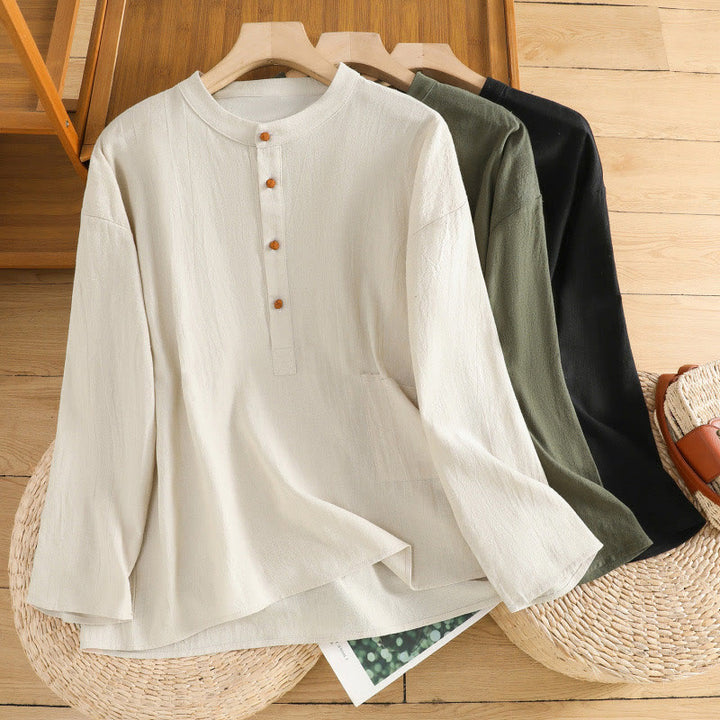 Koszula damska z krótkim rękawem i kieszenią, z bawełny i lnu, z Buddha Stones, letnia, swobodna, w jednolitym kolorze, zapinana na pół guzika i prostym wzorem - image 22