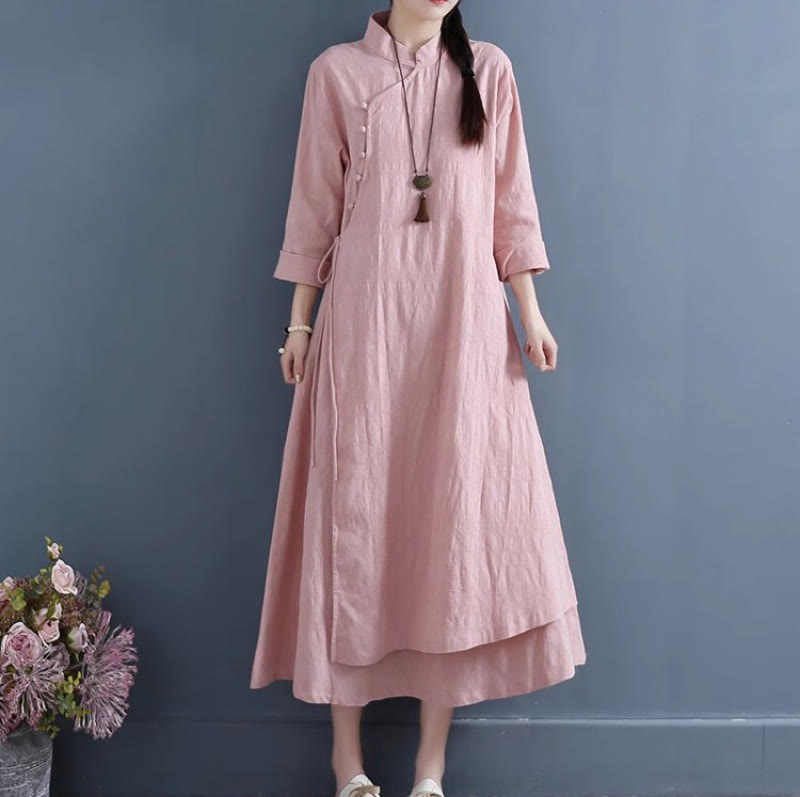 Sukienka midi z bawełny i lnu Buddha Stones w stylu casual, prosta, z żabim guzikiem i sznurowaniem po bokach - Jasnoróżowy - US8-10，UK/AU12-14，EU40-42 (2XL) - image 16