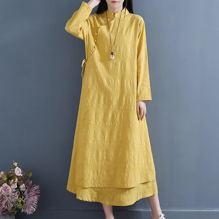 Sukienka midi z bawełny i lnu Buddha Stones w stylu casual, prosta, z żabim guzikiem i sznurowaniem po bokach - image 5