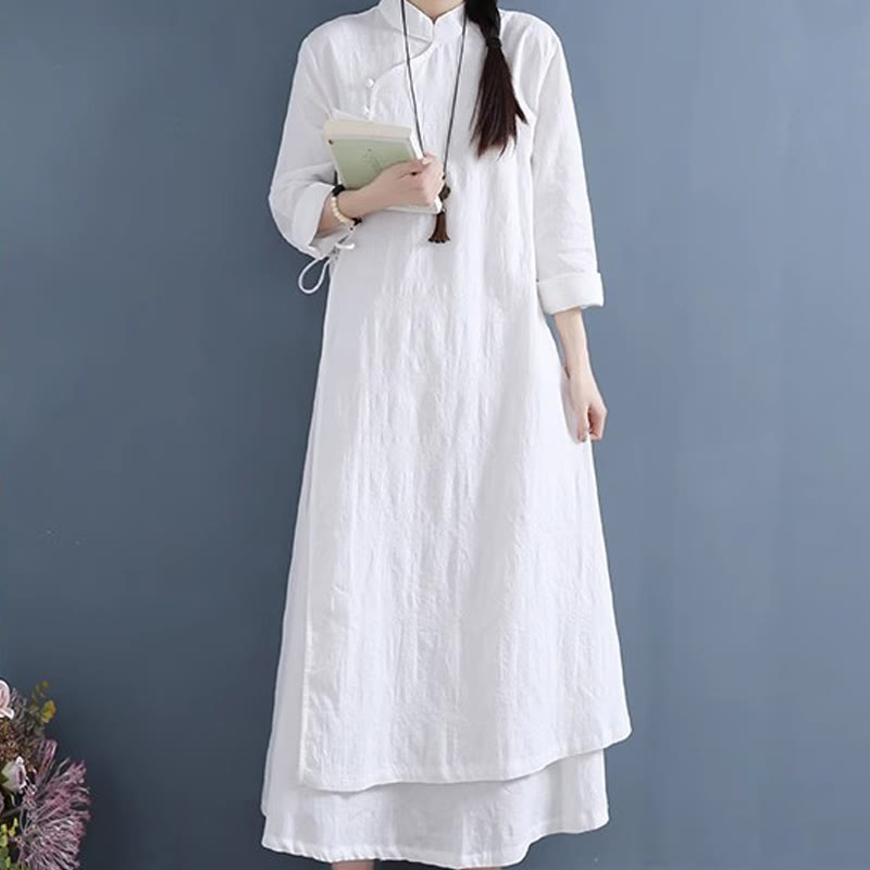 Sukienka midi z bawełny i lnu Buddha Stones w stylu casual, prosta, z żabim guzikiem i sznurowaniem po bokach - image 2