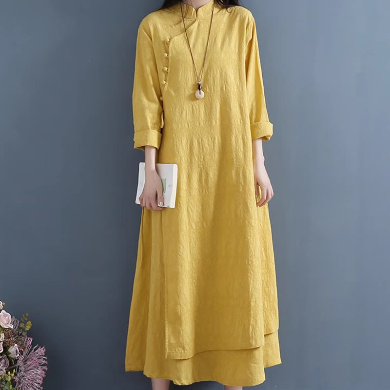 Sukienka midi z bawełny i lnu Buddha Stones w stylu casual, prosta, z żabim guzikiem i sznurowaniem po bokach - image 6