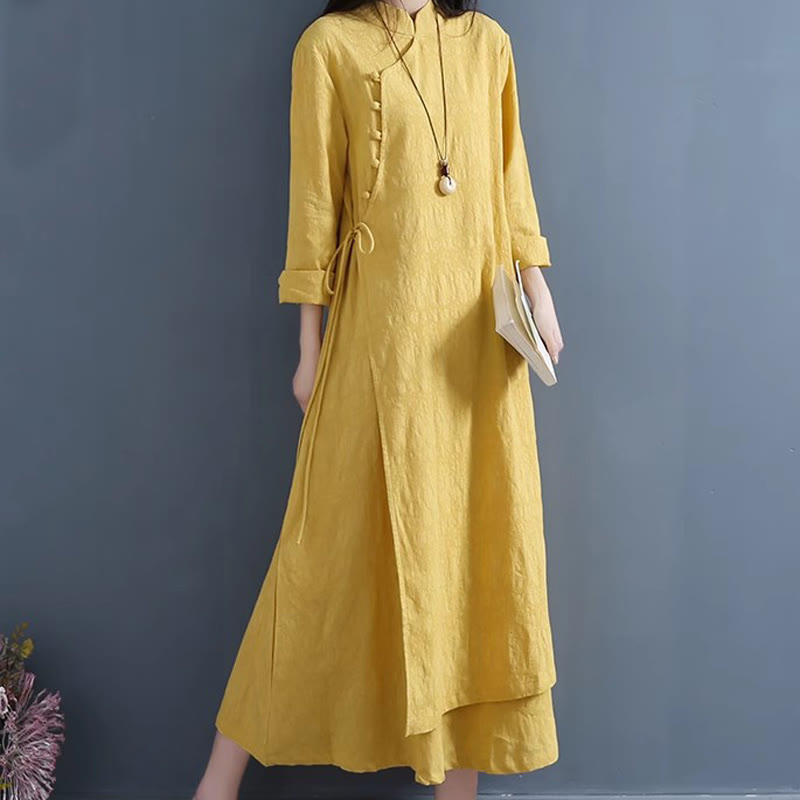 Sukienka midi z bawełny i lnu Buddha Stones w stylu casual, prosta, z żabim guzikiem i sznurowaniem po bokach - image 6
