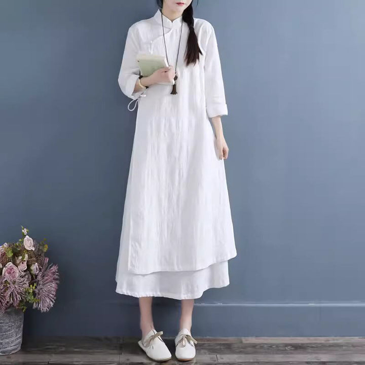 Sukienka midi z bawełny i lnu Buddha Stones w stylu casual, prosta, z żabim guzikiem i sznurowaniem po bokach - image 3