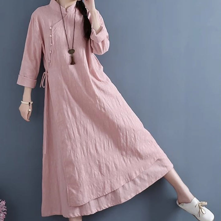 Sukienka midi z bawełny i lnu Buddha Stones w stylu casual, prosta, z żabim guzikiem i sznurowaniem po bokach - image 17