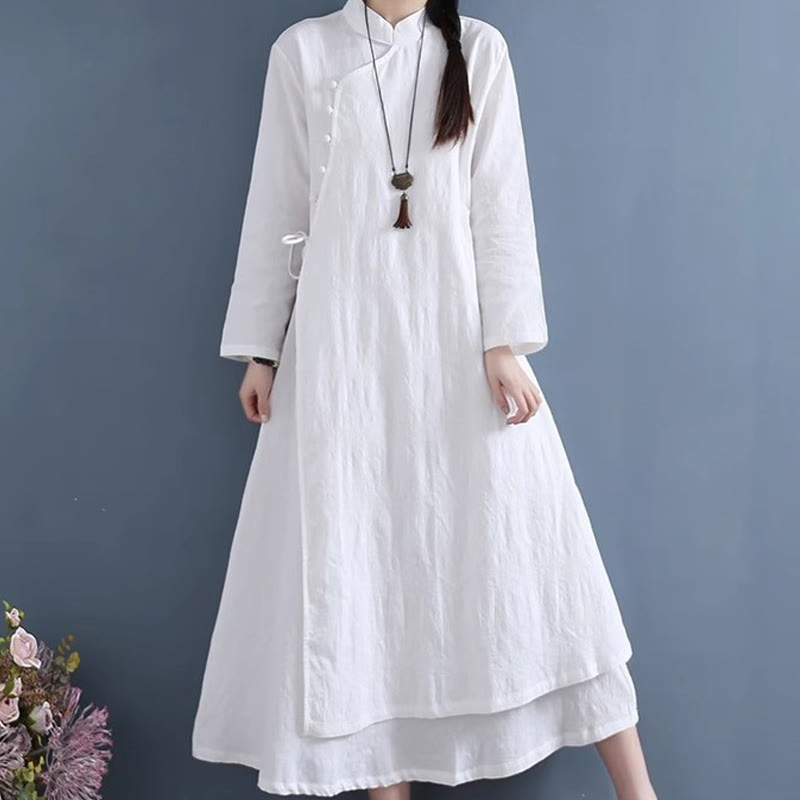Sukienka midi z bawełny i lnu Buddha Stones w stylu casual, prosta, z żabim guzikiem i sznurowaniem po bokach - Biały - US8-10，UK/AU12-14，EU40-42 (2XL) - image 1