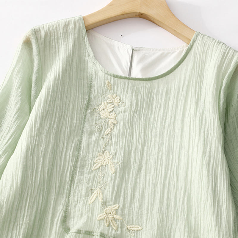 Sukienka midi z krótkim rękawem z bawełny i lnu z motywem Buddha Stones, letnia, swobodna, prosta, haftowana, dwuwarstwowa - image 1