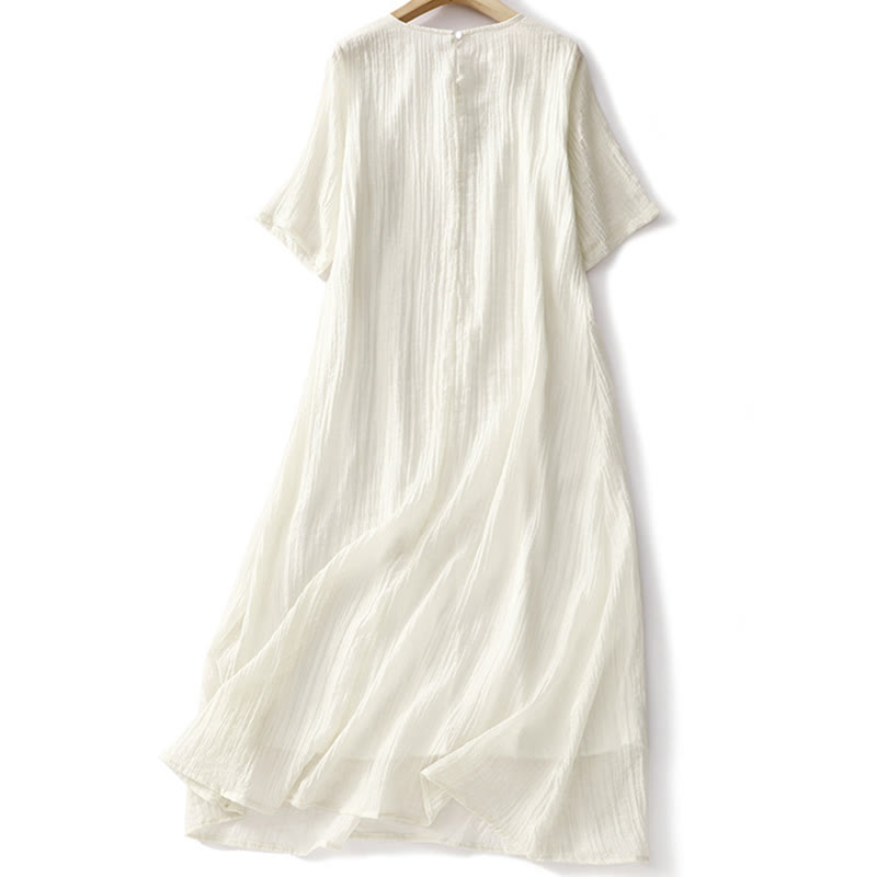 Sukienka midi z krótkim rękawem z bawełny i lnu z motywem Buddha Stones, letnia, swobodna, prosta, haftowana, dwuwarstwowa - image 10