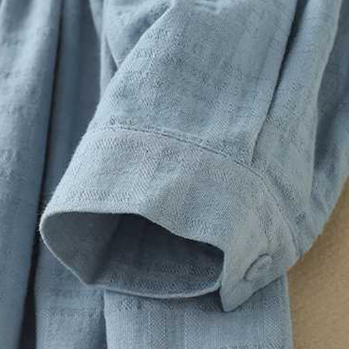 Sukienka midi z bawełny i lnu z długimi rękawami i kieszeniami, w jednolitym kolorze, ze ściągaczem i żabą - image 3