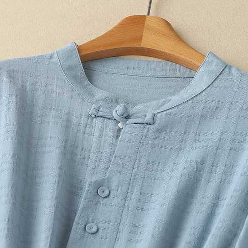 Sukienka midi z bawełny i lnu z długimi rękawami i kieszeniami, w jednolitym kolorze, ze ściągaczem i żabą - image 1