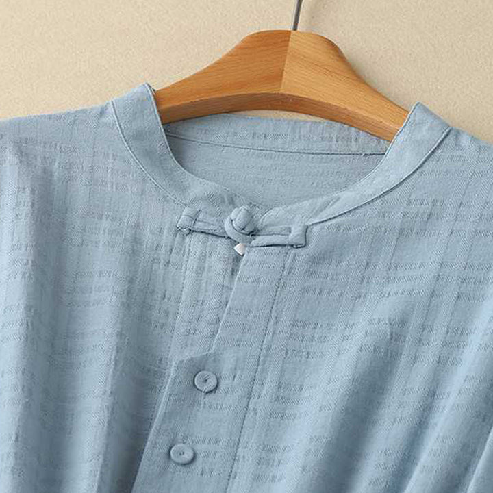 Sukienka midi z bawełny i lnu z długimi rękawami i kieszeniami, w jednolitym kolorze, ze ściągaczem i żabą - image 1