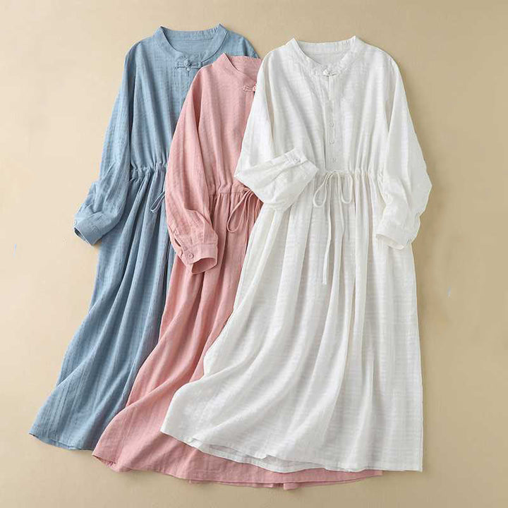 Sukienka midi z bawełny i lnu z długimi rękawami i kieszeniami, w jednolitym kolorze, ze ściągaczem i żabą - image 25