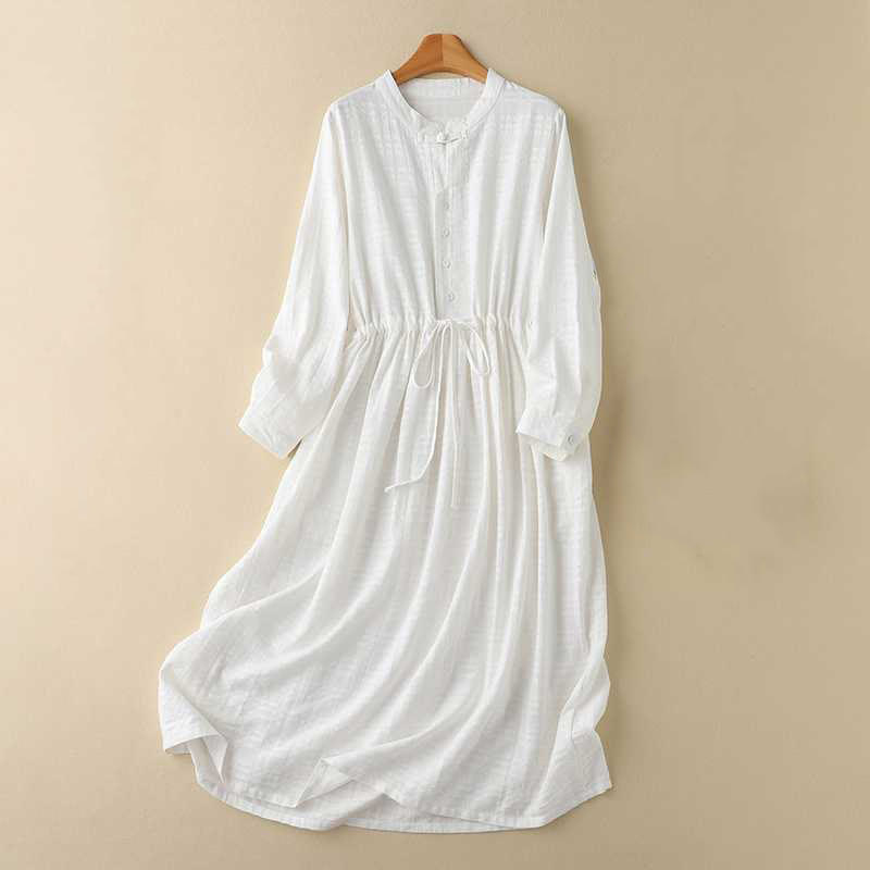 Sukienka midi z bawełny i lnu z długimi rękawami i kieszeniami, w jednolitym kolorze, ze ściągaczem i żabą - Biały - US8-10，UK/AU12-14，EU40-42 (2XL) - image 6