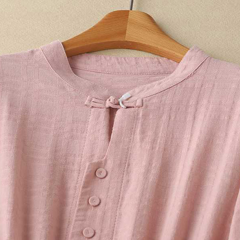 Sukienka midi z bawełny i lnu z długimi rękawami i kieszeniami, w jednolitym kolorze, ze ściągaczem i żabą - image 20