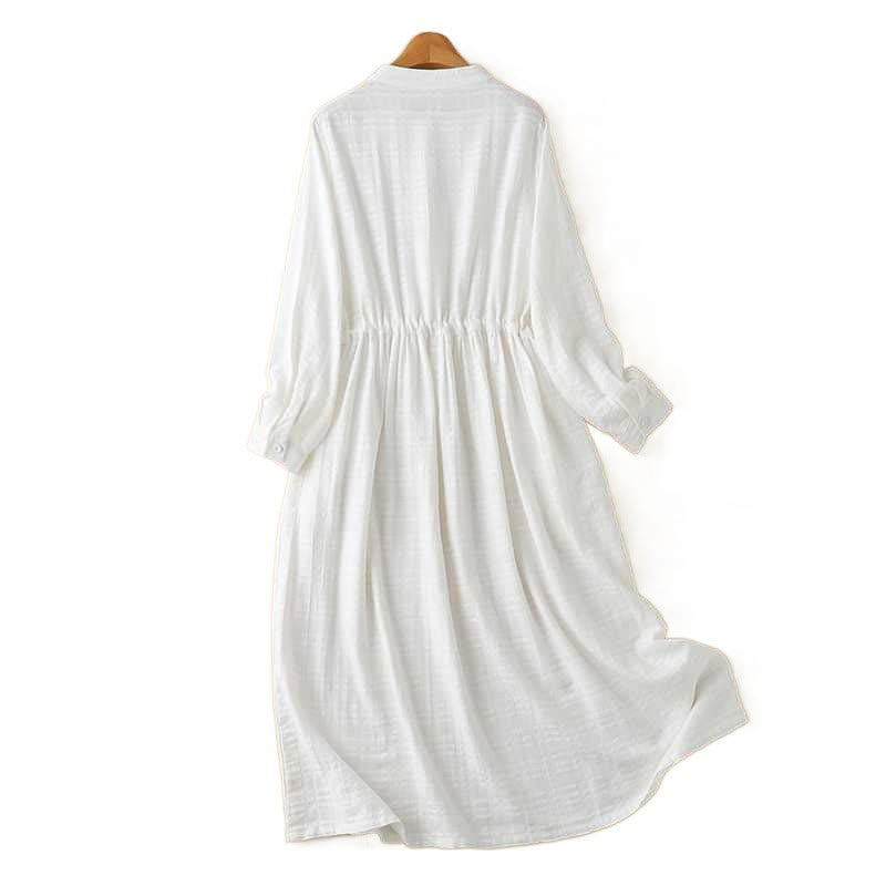 Sukienka midi z bawełny i lnu z długimi rękawami i kieszeniami, w jednolitym kolorze, ze ściągaczem i żabą - image 18