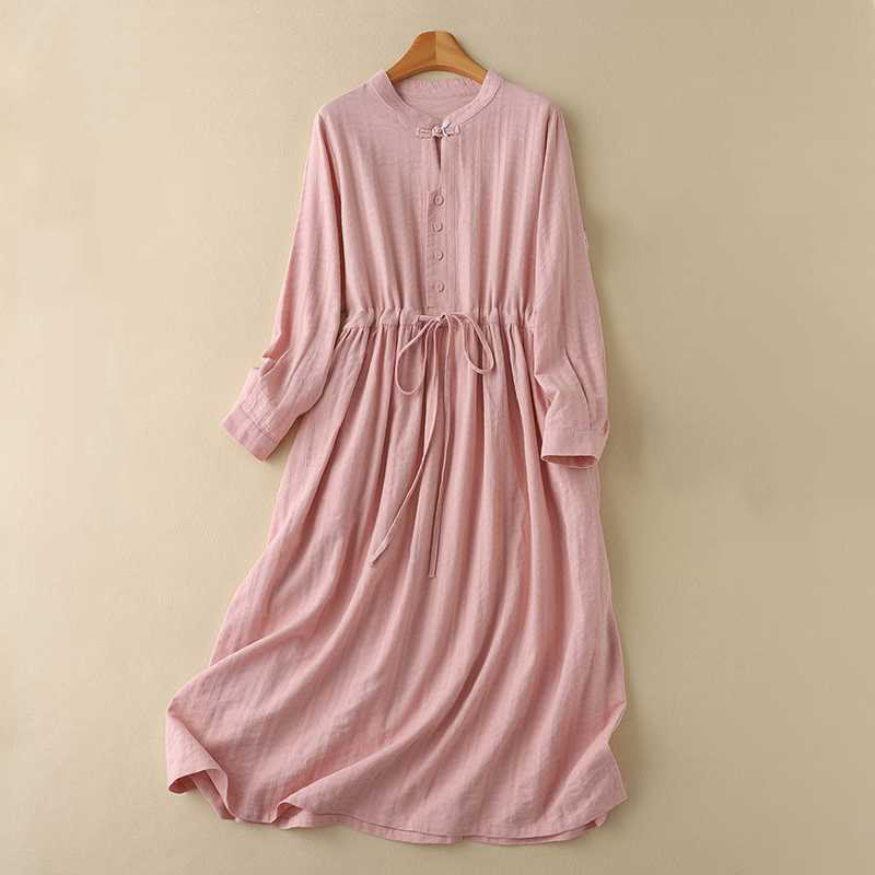 Sukienka midi z bawełny i lnu z długimi rękawami i kieszeniami, w jednolitym kolorze, ze ściągaczem i żabą - Łosoś - US8-10，UK/AU12-14，EU40-42 (2XL) - image 19