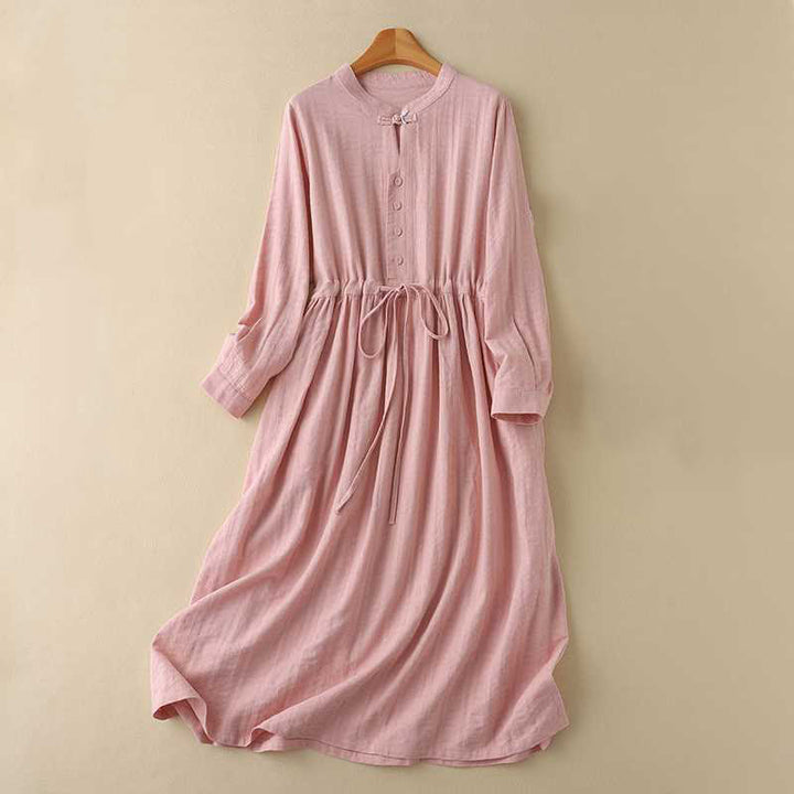 Sukienka midi z bawełny i lnu z długimi rękawami i kieszeniami, w jednolitym kolorze, ze ściągaczem i żabą - Łosoś - US8-10，UK/AU12-14，EU40-42 (2XL) - image 19