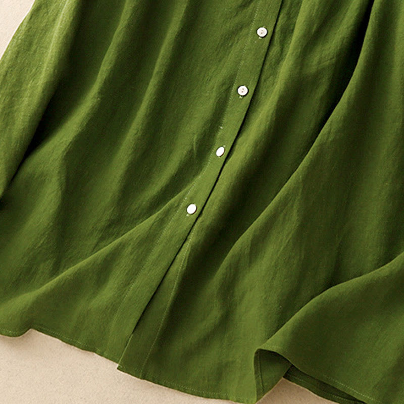 Buddha Stones Letnia prosta sznurowana sukienka midi z guzikami z przodu z klapami i bawełnianą aplikacją bez rękawów - image 12