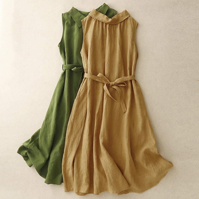 Buddha Stones Letnia prosta sznurowana sukienka midi z guzikami z przodu z klapami i bawełnianą aplikacją bez rękawów - image 14