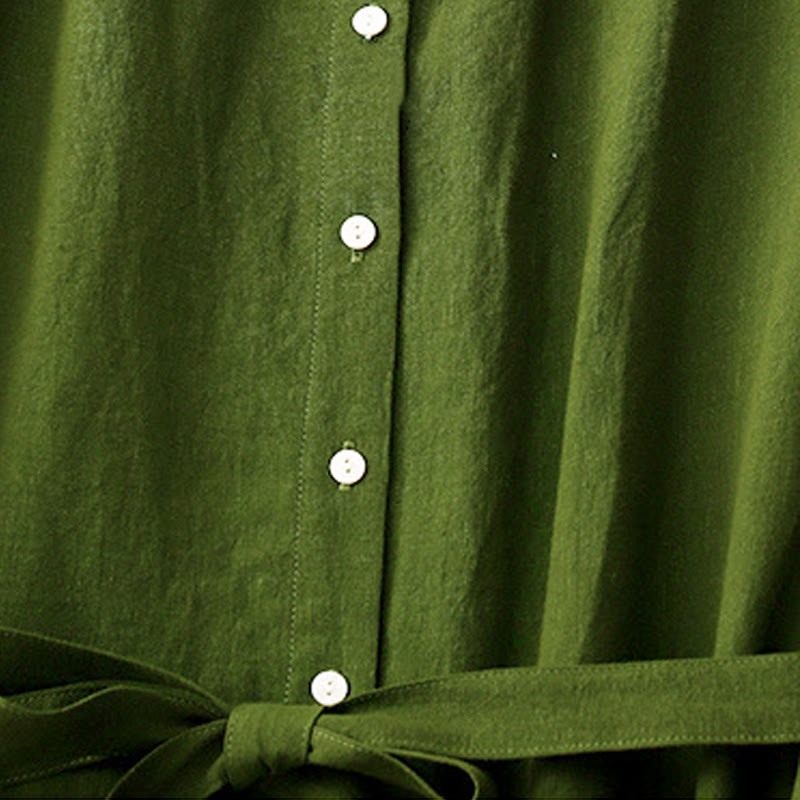 Buddha Stones Letnia prosta sznurowana sukienka midi z guzikami z przodu z klapami i bawełnianą aplikacją bez rękawów - image 10