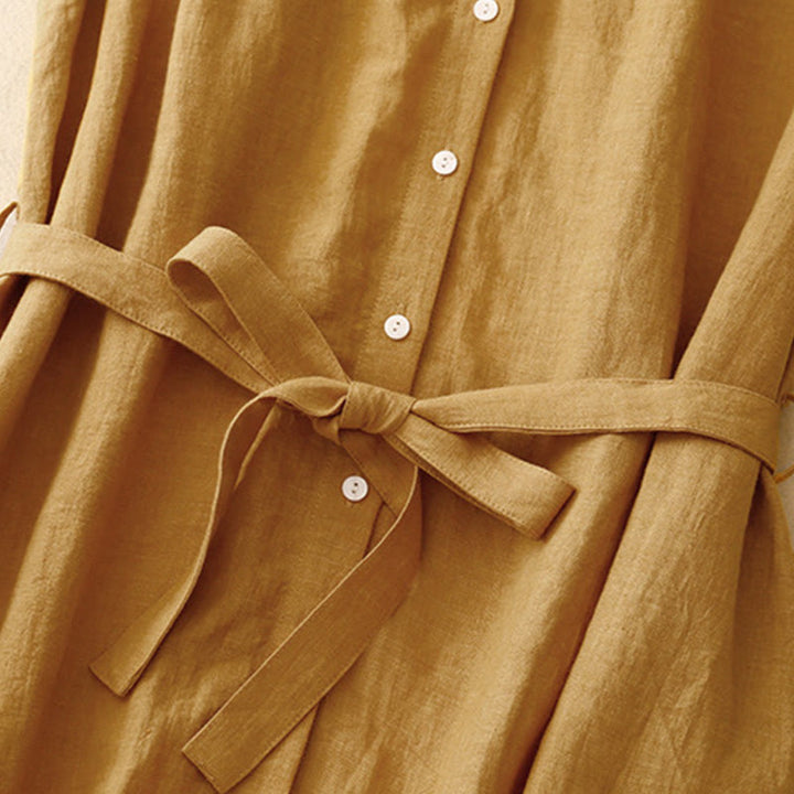 Buddha Stones Letnia prosta sznurowana sukienka midi z guzikami z przodu z klapami i bawełnianą aplikacją bez rękawów - image 3