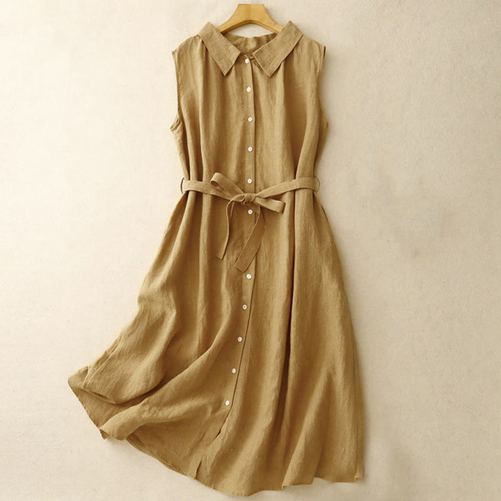 Buddha Stones Letnia prosta sznurowana sukienka midi z guzikami z przodu z klapami i bawełnianą aplikacją bez rękawów - Nawłoć - US12, UK/AU16, EU44 (2XL) - image 0