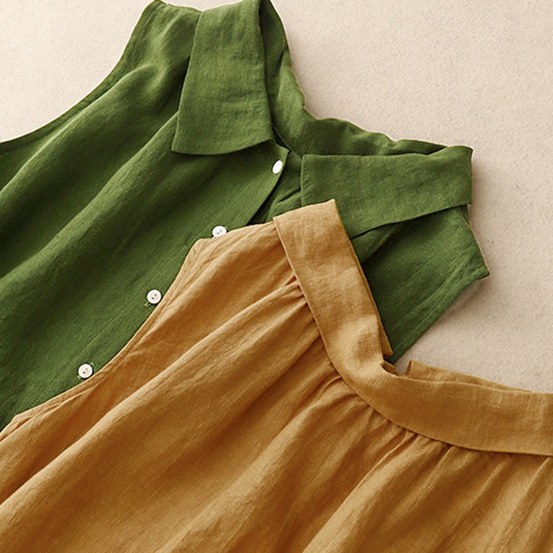 Buddha Stones Letnia prosta sznurowana sukienka midi z guzikami z przodu z klapami i bawełnianą aplikacją bez rękawów - image 15